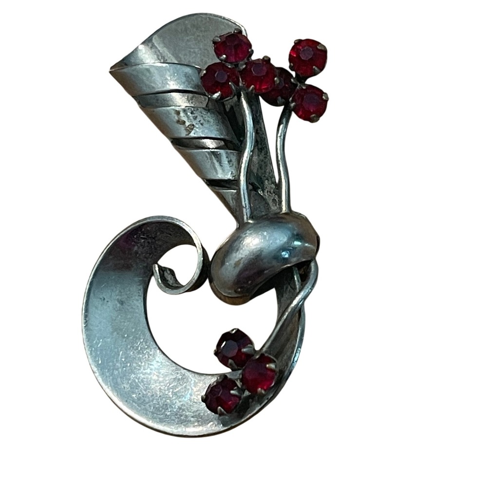 00093 - Vintage Floral Brooch Red Rhinestone SilverTone Retro Flower Pin Pendant